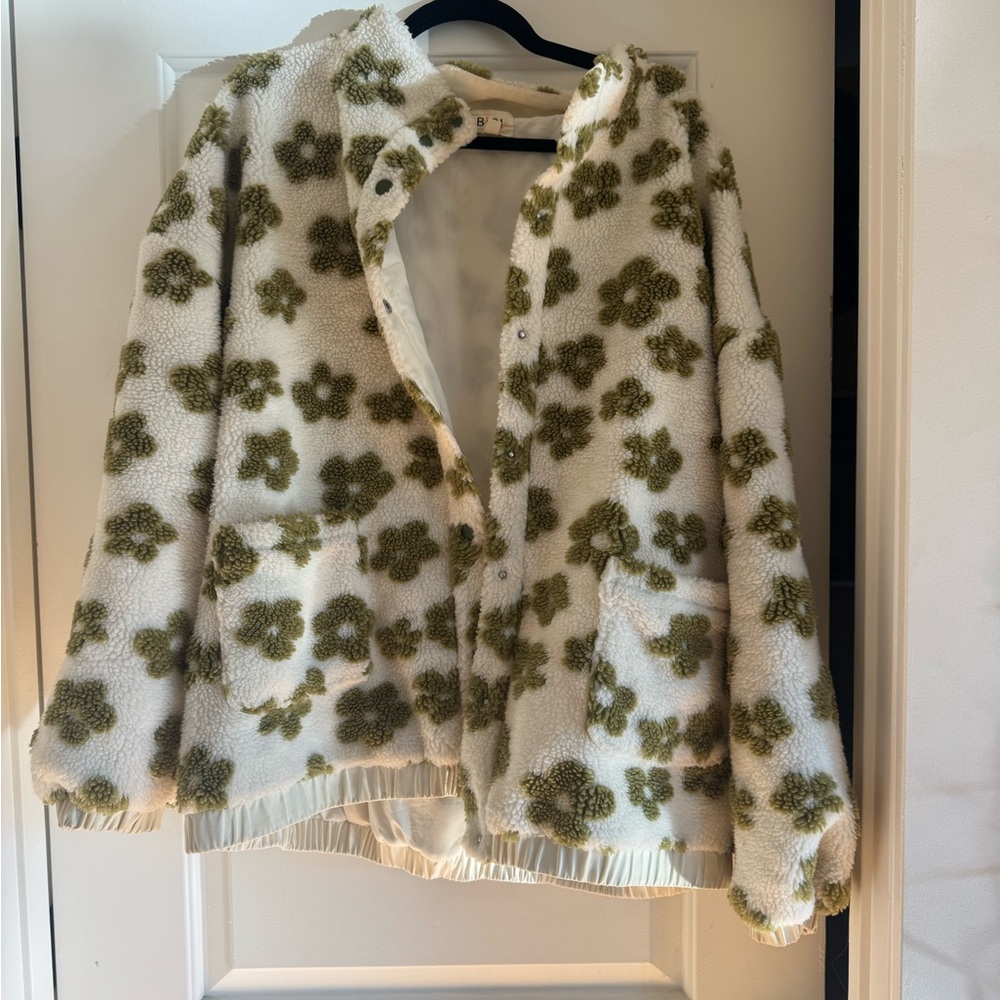 BiBi White and Green Floral Sherpa  Jacket